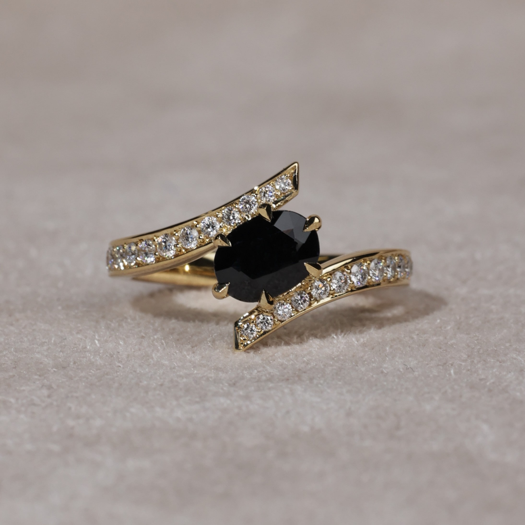 Bypass Style Black Sapphire Ring Accented by Natural Diamonds 2