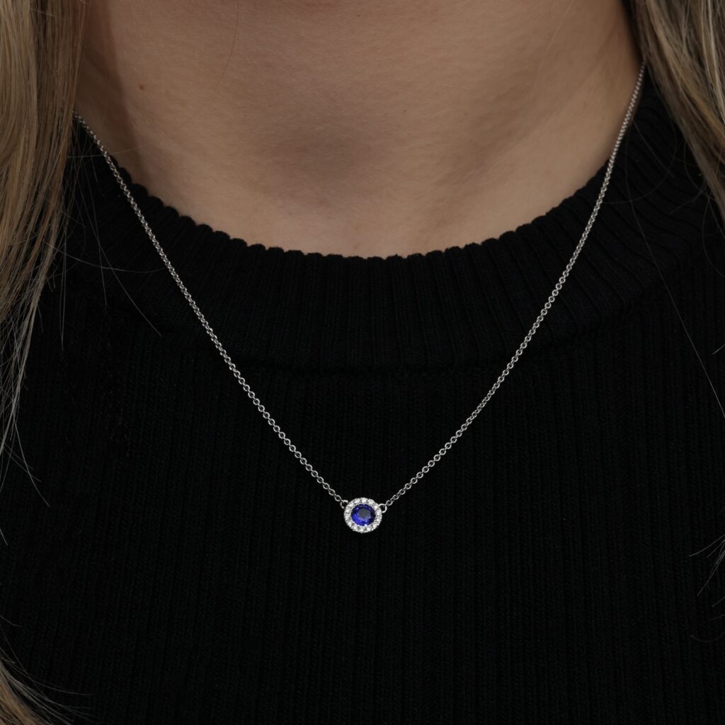 Sapphire and Diamond Halo Fixed Pendant White Gold
