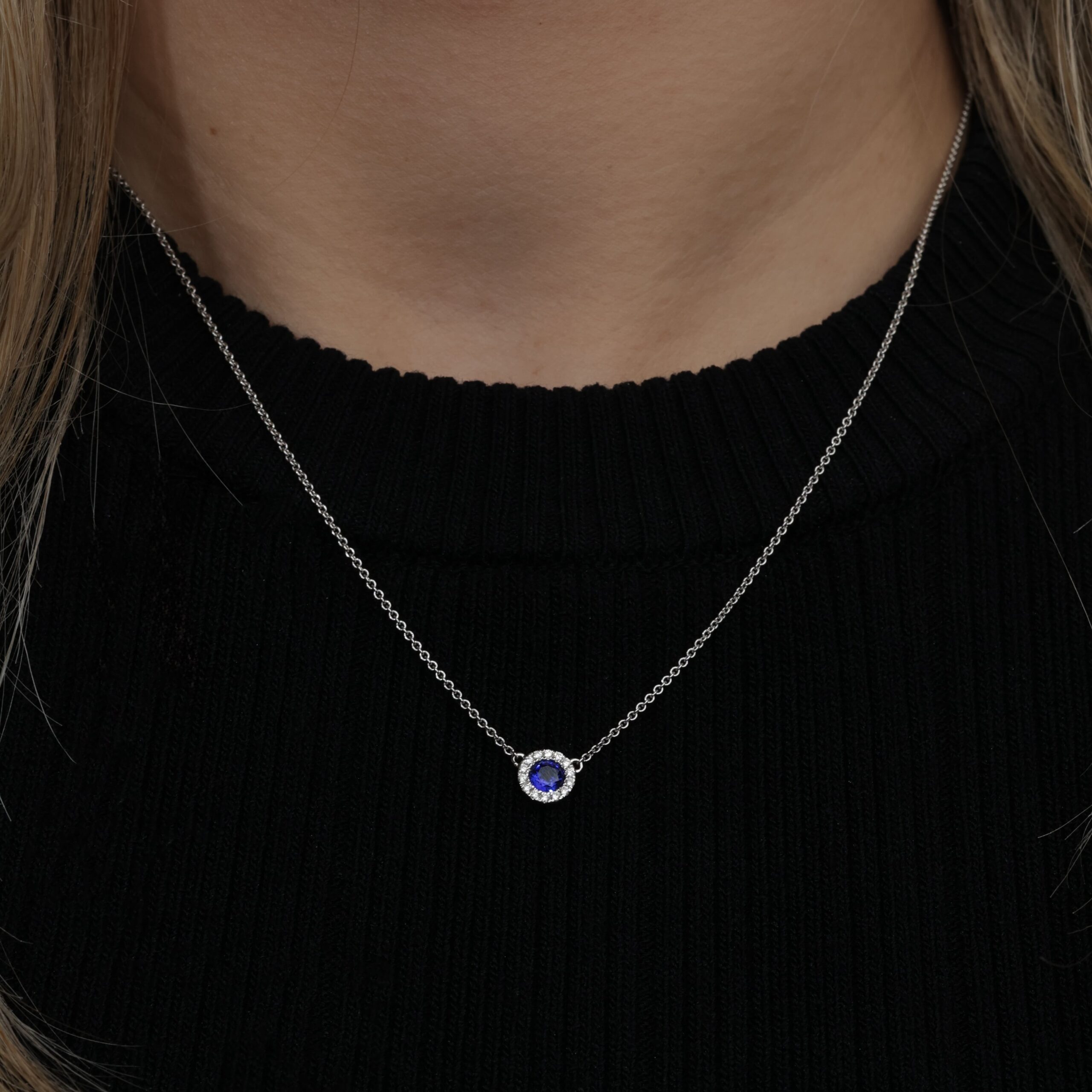 Sapphire and Diamond Halo Fixed Pendant White Gold