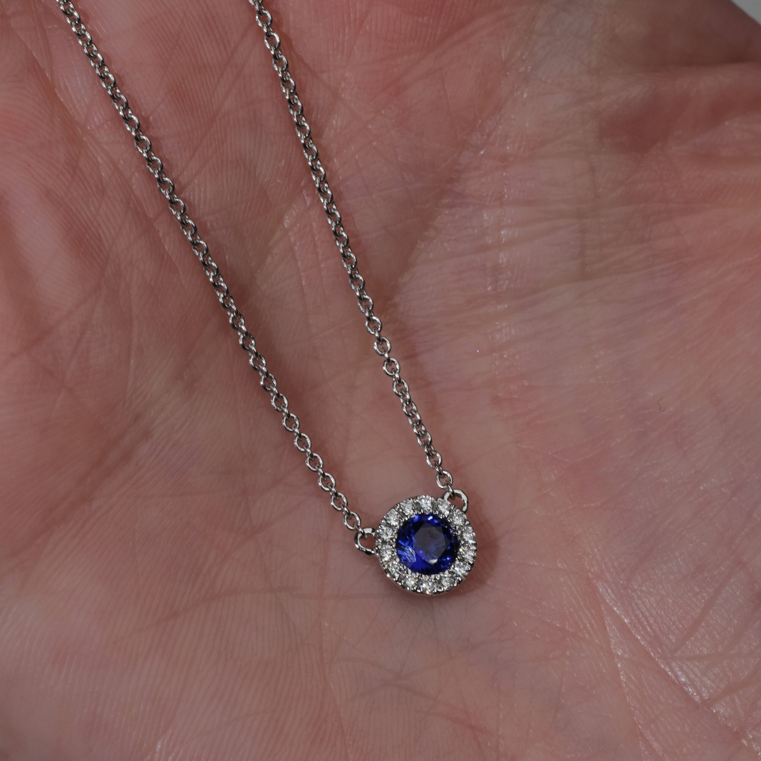 Sapphire and Diamond Halo Fixed Pendant White Gold